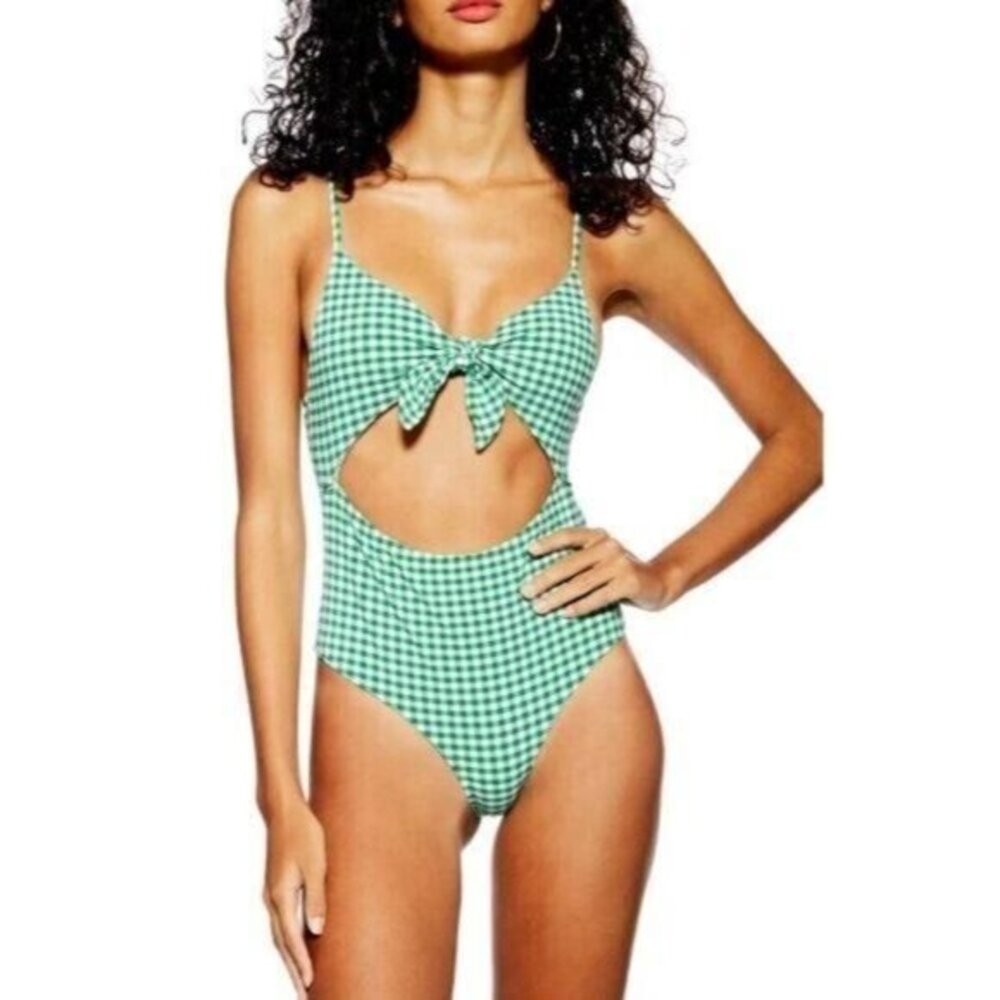 Topshop Gingham Cutout One-Piece Swimsuit Green White Front Tie SZ 6